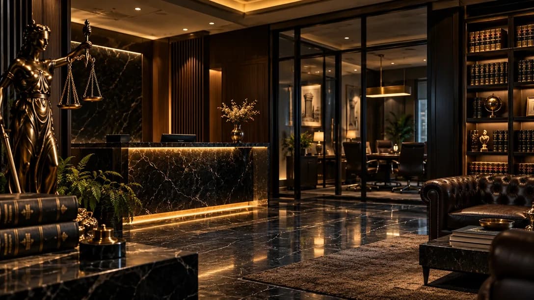 Dark marble law office reception with a Lady Justice statue and leather-bound books